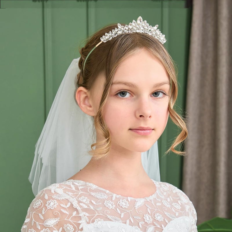 Lovely Shop Holy White Short Veil with Crystal Headband Set, First Communion Accessory - Image 3